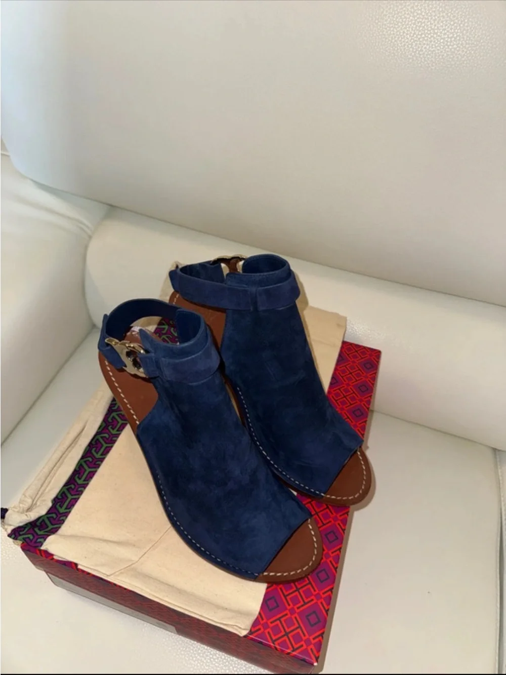 TORY BURCH NAVY SUEDE OPEN TOE BLOCK HEELS